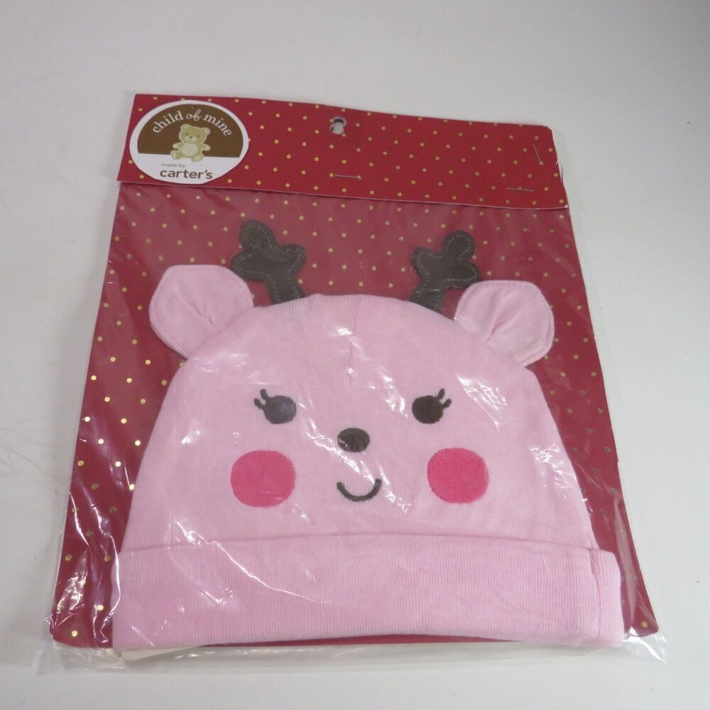 Baby Pink Reindeer knit Hat Cap w Embroidered face Infant Cotton Holiday